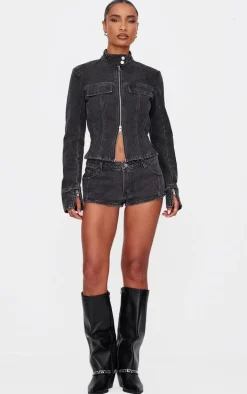 Washed Black Seam Detail Longline Fitted Racer Denim Jacket