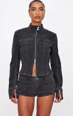 Washed Black Seam Detail Longline Fitted Racer Denim Jacket