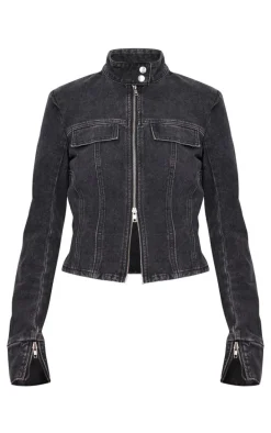 Washed Black Seam Detail Longline Fitted Racer Denim Jacket