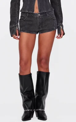 Washed Black Seam Detail Denim Hotpants