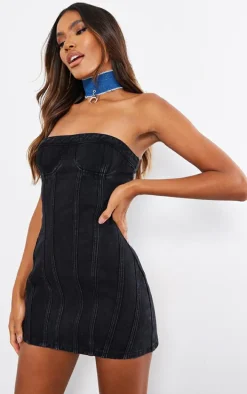 Washed Black Seam Front Denim Mini Dress