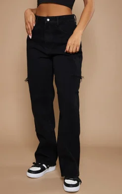 Washed Black Thigh Split Baggy Boyfriend Jeans