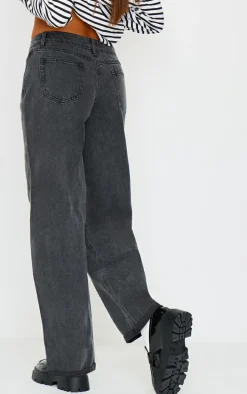 Washed Black Turn Up Hem Barrel Style Jeans