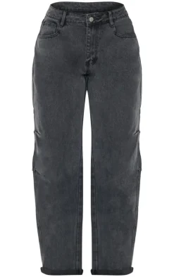 Washed Black Turn Up Hem Barrel Style Jeans