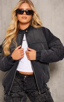 Washed Black Zip Up Denim Bomber Jacket