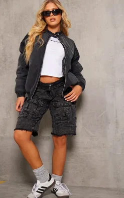 Washed Black Zip Up Denim Bomber Jacket