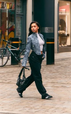 Washed Blue Distressed Faux Leather Star Embroidery Biker Jacket