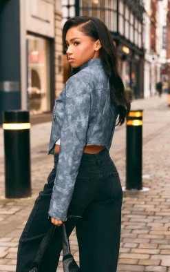 Washed Blue Distressed Faux Leather Star Embroidery Biker Jacket