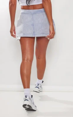 Washed Blue Foldover Waistband Denim Pleated Mini Skirt