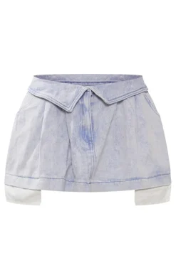 Washed Blue Foldover Waistband Denim Pleated Mini Skirt