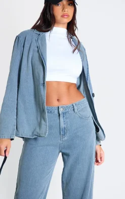 Washed Blue Pinstripe Lightweight Denim Oversized Blazer