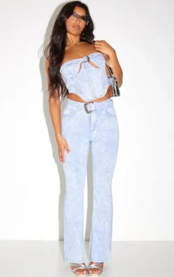 Washed Blue Western Belt Flared Jeans