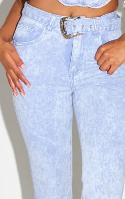 Washed Blue Western Belt Flared Jeans