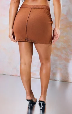 Washed Brown Denim Mini Skirt