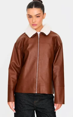 Washed Brown Detachable Faux Fur Collar Faux Leather Jacket