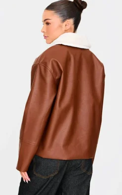 Washed Brown Detachable Faux Fur Collar Faux Leather Jacket