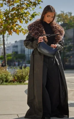 Washed Brown Detachable Leopard Faux Fur Trim PU Trench Coat