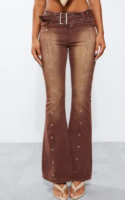 Washed Brown Eyelet Detail Belted Flared Jeans
