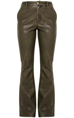 Washed Brown Faux Leather Flared Pants
