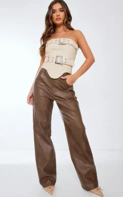 Washed Brown Faux Leather Straight Leg Pant