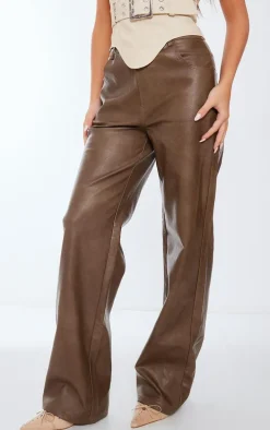 Washed Brown Faux Leather Straight Leg Pant