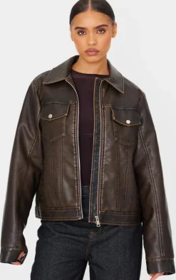Washed Brown Faux Leather Brushed Seams Biker Jacket