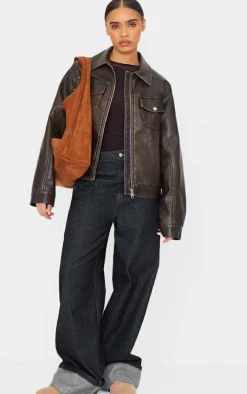 Washed Brown Faux Leather Brushed Seams Biker Jacket