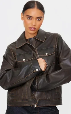 Washed Brown Faux Leather Brushed Seams Biker Jacket