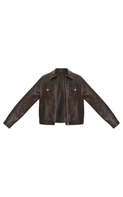 Washed Brown Faux Leather Brushed Seams Biker Jacket