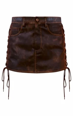 Washed Brown Faux Leather Lace Up Mini Skirt