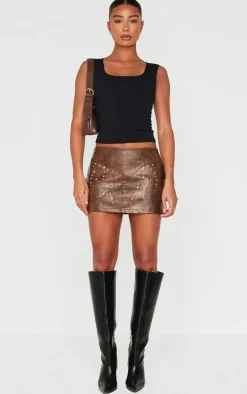 Washed Brown Faux Leather Studded Mini Skirt