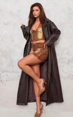 Washed Brown Lace Up Denim Mini Skirt