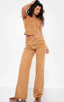 Washed Brown Raw Hem Detail Star Applique Wide Leg Jeans