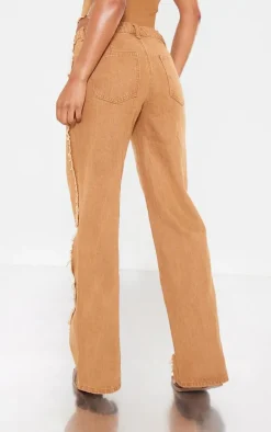 Washed Brown Raw Hem Detail Star Applique Wide Leg Jeans