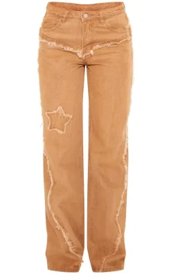Washed Brown Raw Hem Detail Star Applique Wide Leg Jeans