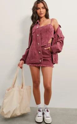 Washed Burgundy Dipped Hem Denim Corset Top