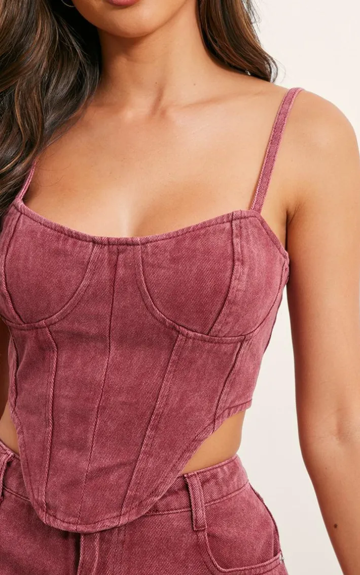 Washed Burgundy Dipped Hem Denim Corset Top