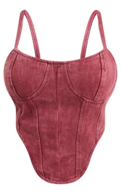 Washed Burgundy Dipped Hem Denim Corset Top