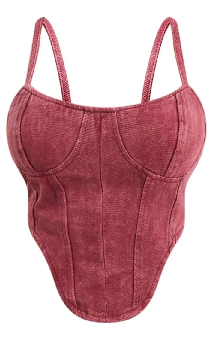 Washed Burgundy Dipped Hem Denim Corset Top