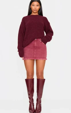 Washed Burgundy Raw Hem Denim Mini Skirt