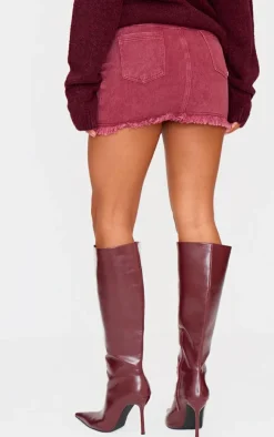 Washed Burgundy Raw Hem Denim Mini Skirt