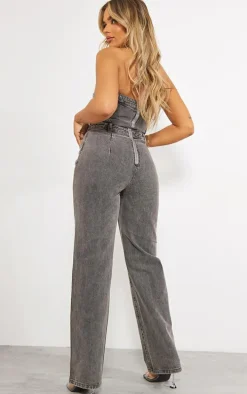 Washed Charcoal Bandeau Denim Jumpsuit