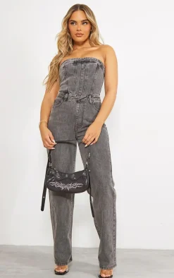 Washed Charcoal Bandeau Denim Jumpsuit