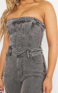 Washed Charcoal Bandeau Denim Jumpsuit