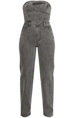 Washed Charcoal Bandeau Denim Jumpsuit