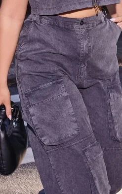 Washed Charcoal Twill Pocket Detail Wide Leg Cargo Pants