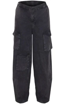 Washed Charcoal Twill Pocket Detail Wide Leg Cargo Pants