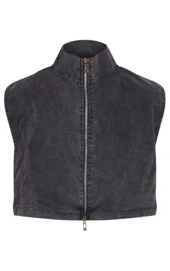 Washed Charcoal Twill Zip Up Top