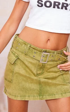 Washed Green Belted Cargo Pocket Denim Mini Skirt