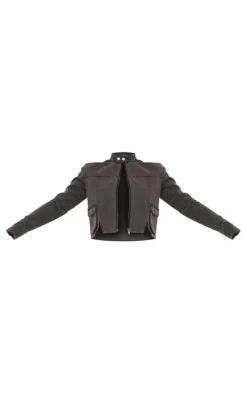 Washed Grey Acid Wash Zip Up Seam Detail Cropped Denim Jacket